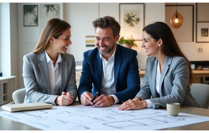 Interiørdesignere som samarbeider foran en plantegning på et stort bord, smilende og profesjonelle.